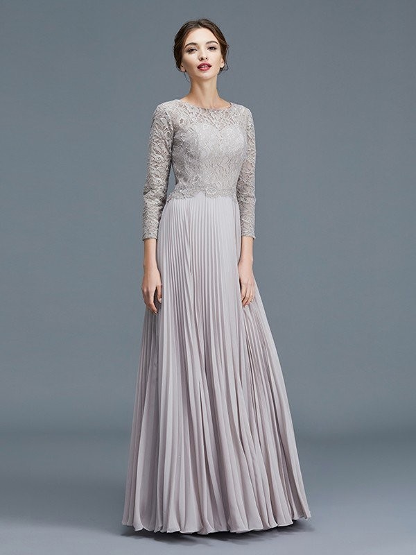 A-Line/Princess Scoop 3/4 Sleeves Lace Chiffon Floor-Length Mother of the Bride Dresses