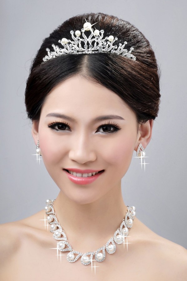 Charming Alloy Clear Crystals Pearls Wedding Headpieces Necklaces Earrings Set