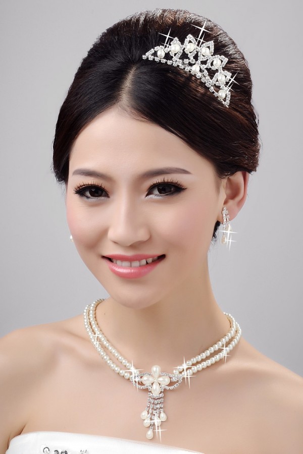Charming Pearls Alloy Clear Crystals Wedding Headpieces Necklaces Earrings Set