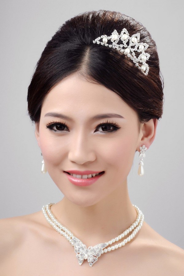 Elegant Alloy Clear Crystals Pearl Wedding Headpieces Necklaces Earrings Set