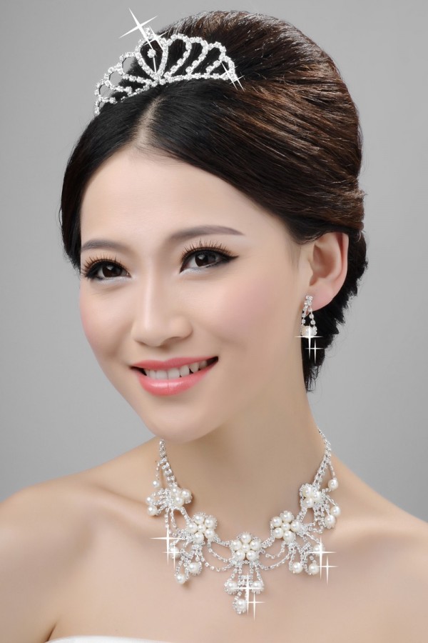 Elegant Alloy Clear Crystals Pearls Wedding Headpieces Necklaces Earrings Set