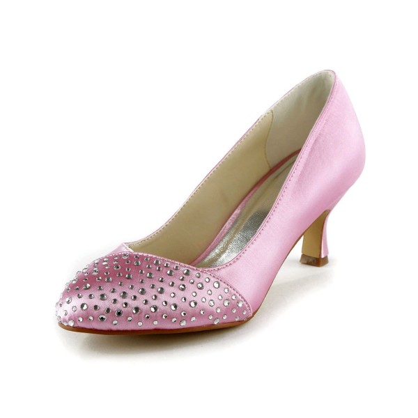 Women's Fashion Satin Stiletto Heel Closed Toe With Rhinestone Pink Wedding Shoes