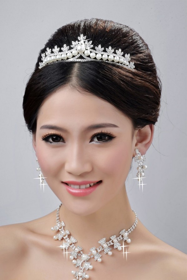 Fashionable Alloy Clear Crystals Pearls Wedding Headpieces Necklaces Earrings Set