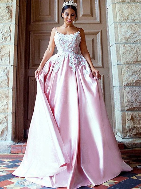 Ball Gown Sleeveless Spaghetti Straps Sweep/Brush Train Applique Satin Dresses