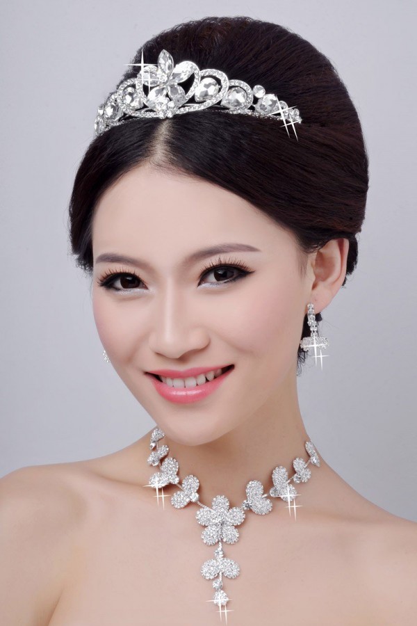 Hot Sale Alloy Clear Crystals Flower Wedding Headpieces Necklaces Earrings Set