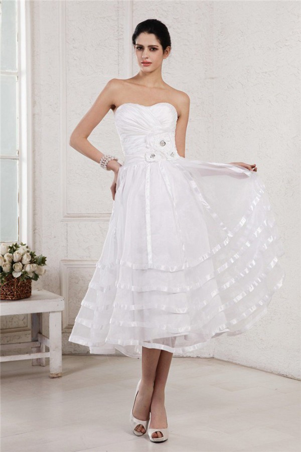 A-Line/Princess Strapless Sleeveless Hand-Made Flower Pleats Short Organza Taffeta Wedding Dresses