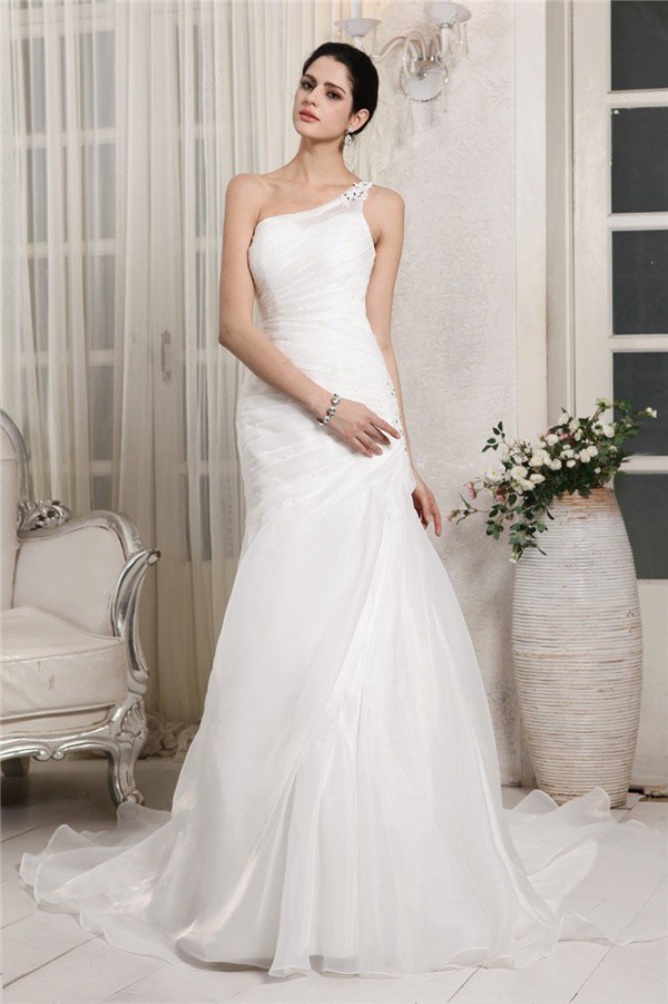Trumpet/Mermaid One-Shoulder Sleeveless Beading Applique Long Organza Wedding Dresses