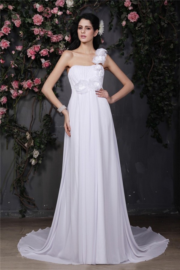 A-Line/Princess One-Shoulder Sleeveless Hand-Made Flower Ruffles Long Chiffon Wedding Dresses