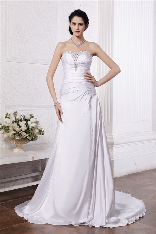 A-Line/Princess Strapless Sleeveless Beading Ruffles Long Silk like Satin Wedding Dresses