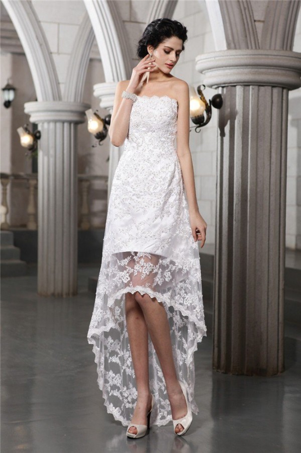 Sheath/Column Strapless Sleeveless Beading High Low Lace Wedding Dresses