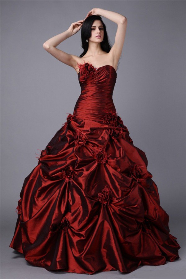Ball Gown Strapless Sleeveless Hand-Made Flower Long Taffeta Dresses
