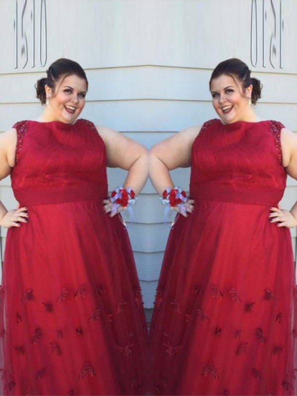 A-Line/Princess Scoop Sleeveless Applique Floor-Length Tulle Plus Size Dresses