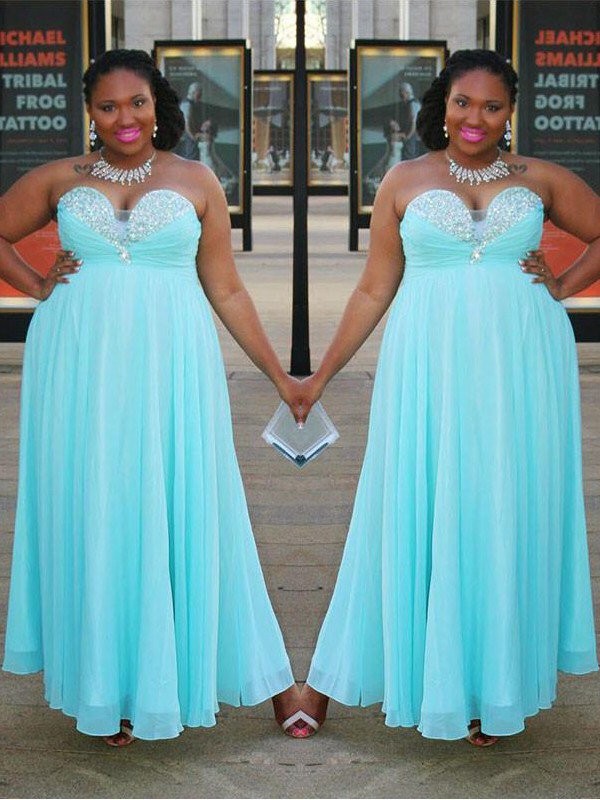 A-Line/Princess Sweetheart Sleeveless Beading Floor-Length Chiffon Plus Size Dresses