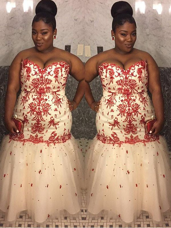 Trumpet/Mermaid Sweetheart Sleeveless Applique Floor-Length Tulle Plus Size Dresses