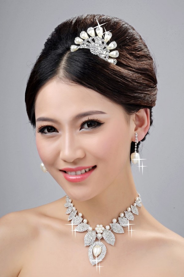New Style Alloy Clear Crystals Pearl Wedding Headpieces Necklaces Earrings Set
