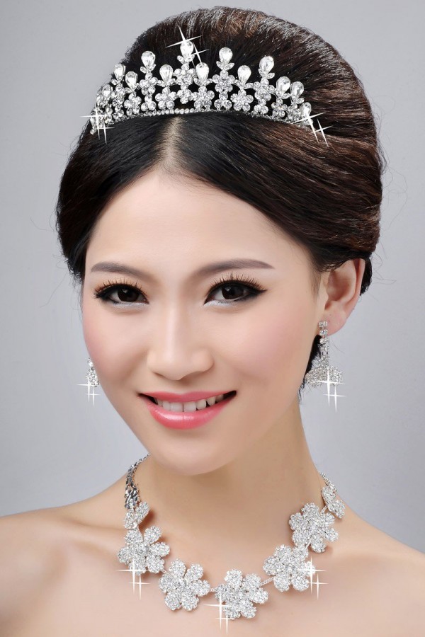 New Style Nice Alloy Clear Crystals Flower Wedding Headpieces Necklaces Earrings Set