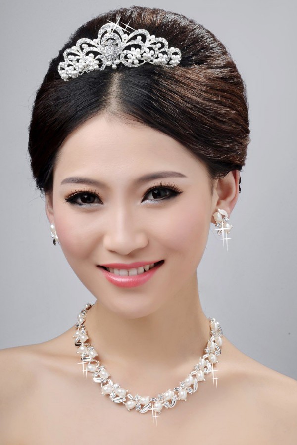 New Style Nice Alloy Clear Crystals Pearls Wedding Headpieces Necklaces Earrings Set