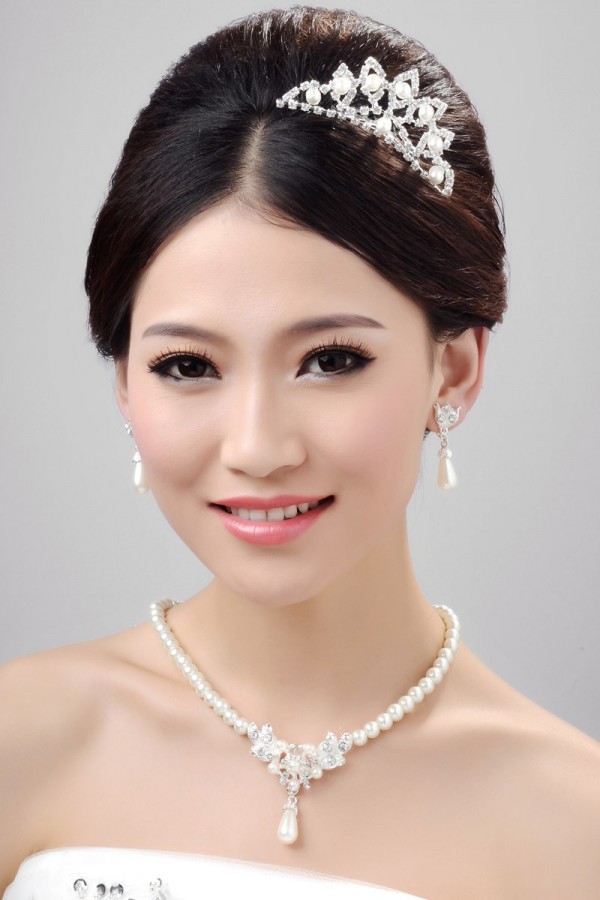Nice Alloy Clear Crystals Pearl Wedding Headpieces Necklaces Earrings Set