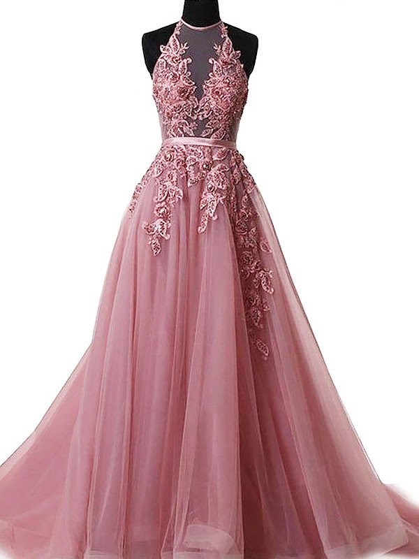 A-Line/Princess Halter Sleeveless Sweep/Brush Train Applique Tulle Dresses