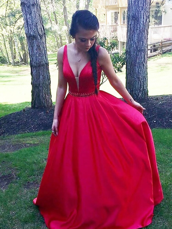 A-Line/Princess V-neck  Floor-Length Beading Satin Dresses
