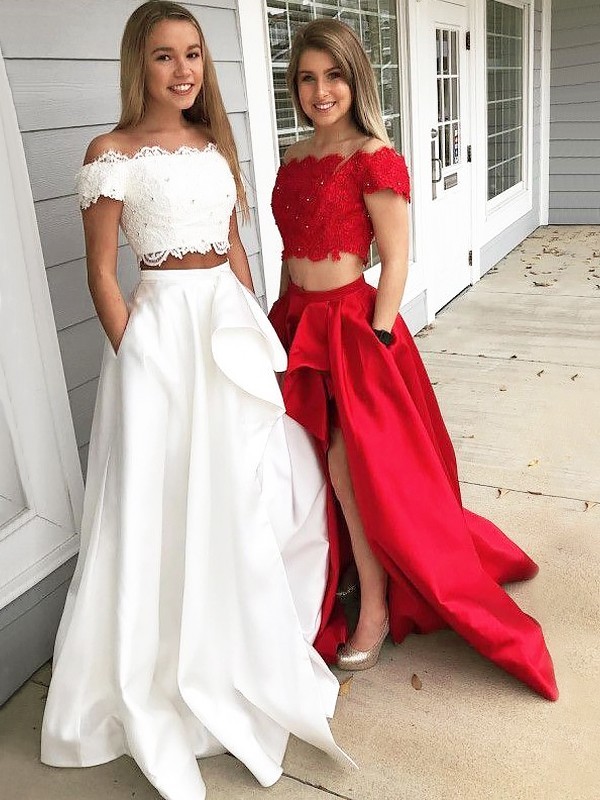 A-Line/Princess Off-the-Shoulder Sleeveless Sweep/Brush Train Lace Satin Two Piece Dresses