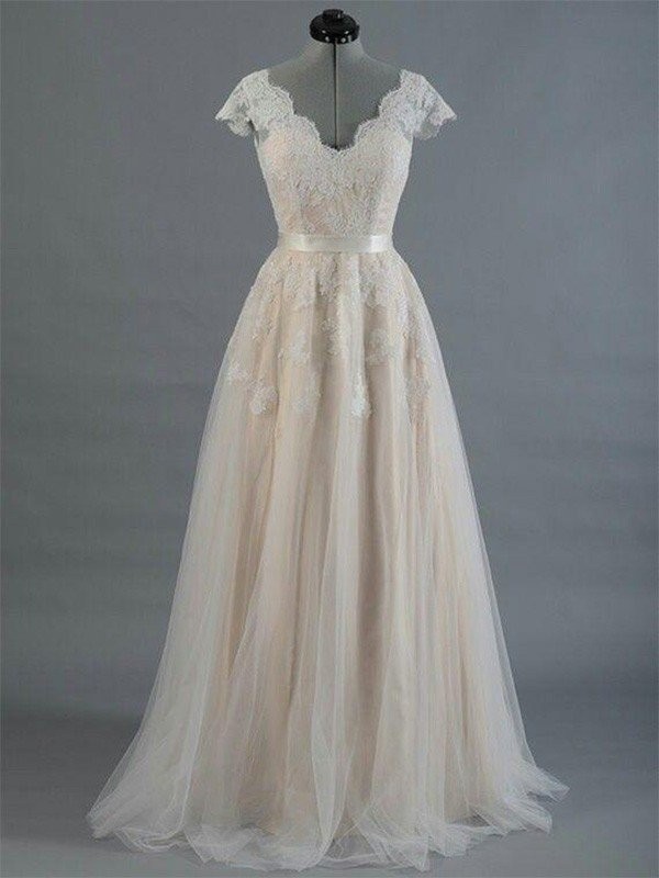 A-Line/Princess V-neck Sleeveless Floor-Length Applique Lace Wedding Dresses