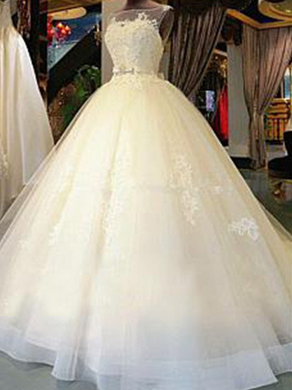 Ball Gown Scoop Cathedral Train Sleeveless Sash/Ribbon/Belt Applique Tulle Wedding Dresses