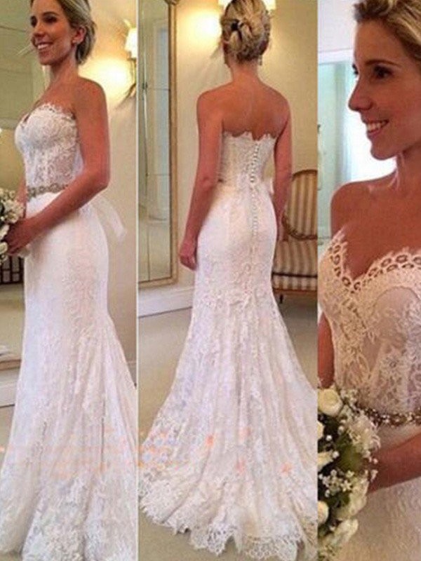 Trumpet/Mermaid Sleeveless Sweetheart Sweep/Brush Train Applique Lace Wedding Dresses