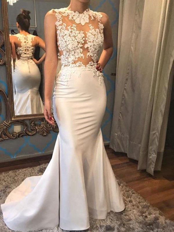 Trumpet/Mermaid Sleeveless Scoop Court Train Applique Satin Wedding Dresses