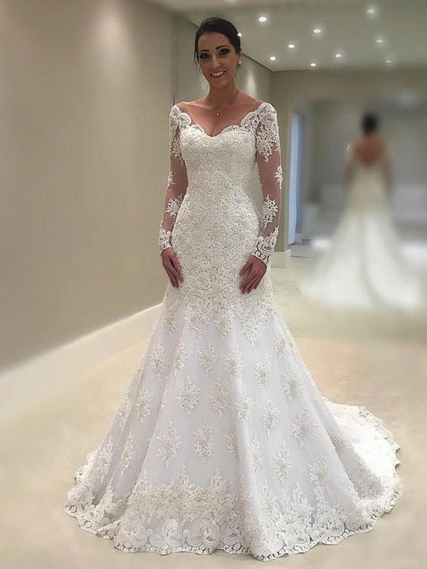 Trumpet/Mermaid Long Sleeves V-neck Court Train Applique Lace Wedding Dresses