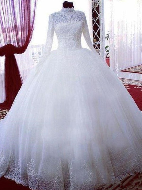 Ball Gown Lace Tulle High Neck Long Sleeves Chapel Train Wedding Dresses
