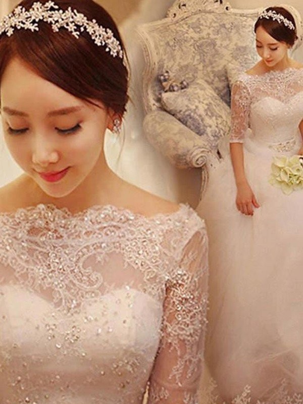 Ball Gown Beading Tulle 1/2 Sleeves Off-the-Shoulder Chapel Train Wedding Dresses