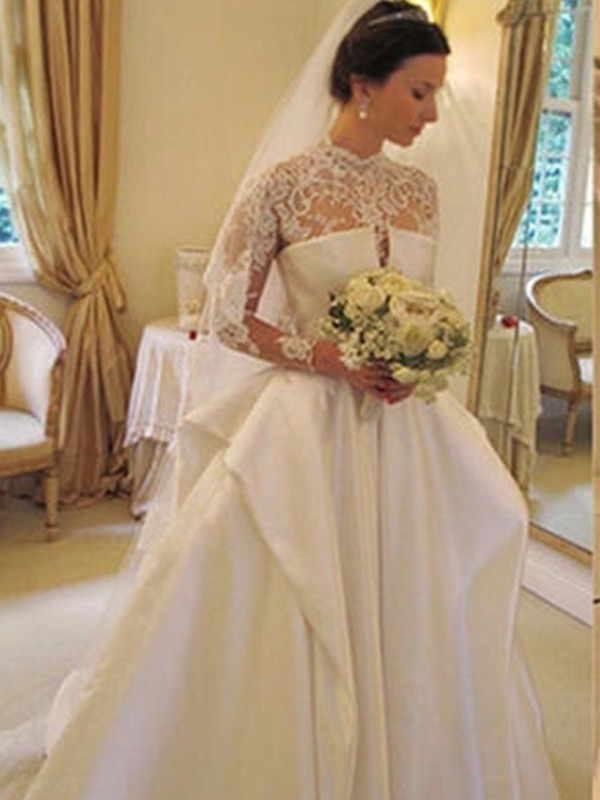 Ball Gown Satin Lace High Neck Long Sleeves Chapel Train Wedding Dresses