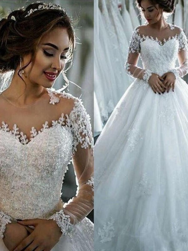 Ball Gown Applique Tulle Scoop Long Sleeves Chapel Train Wedding Dresses