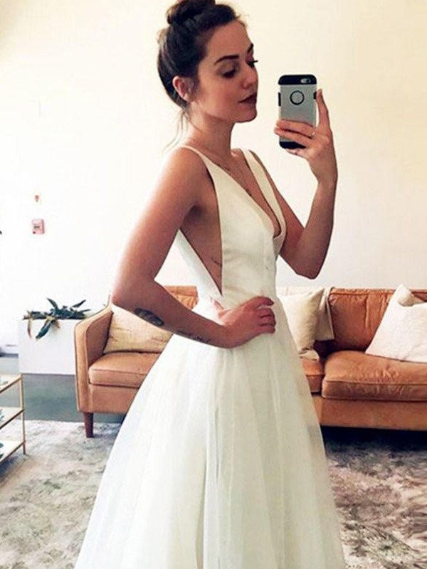 A-Line/Princess Tulle V-neck Ruched Sleeveless Sweep/Brush Train Wedding Dresses