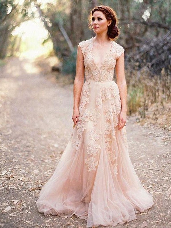 A-Line/Princess Applique Tulle V-neck Sleeveless Sweep/Brush Train Wedding Dresses