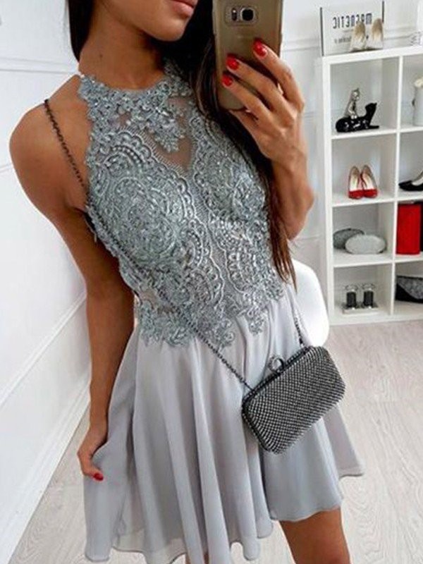 A-Line/Princess Chiffon Halter Applique Sleeveless Short/Mini Dresses