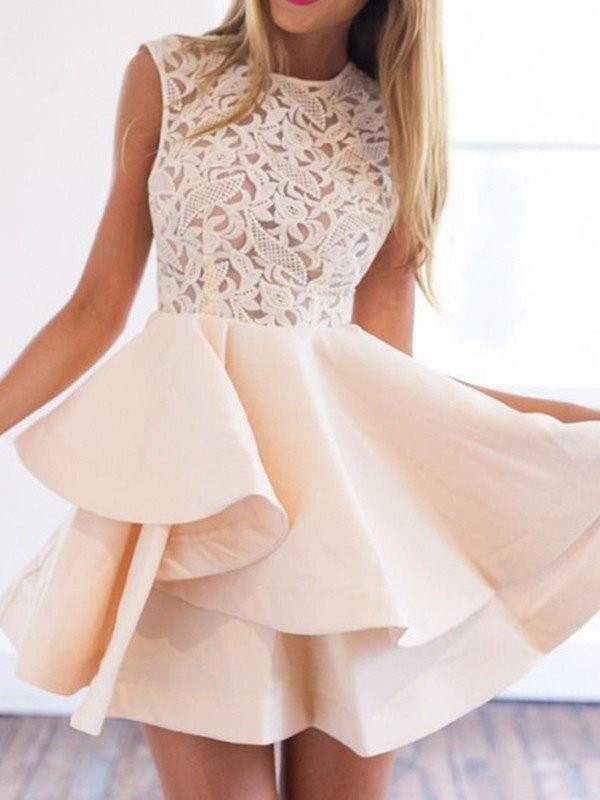 A-Line/Princess Satin Scoop Applique Sleeveless Short/Mini Dresses
