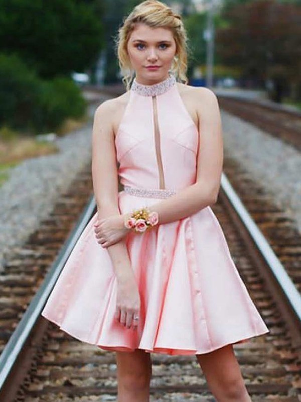 A-Line/Princess Satin High Neck Sleeveless Beading Short/Mini Dresses
