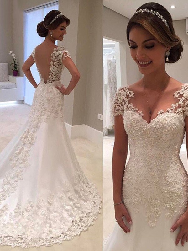 Trumpet/Mermaid Short Sleeves Sweetheart Sweep/Brush Train Lace Wedding Dresses