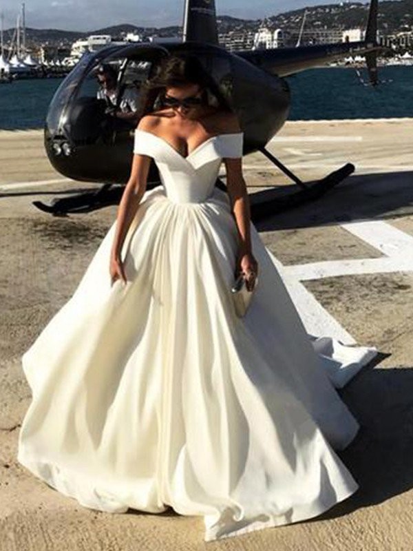 Ball Gown Off-the-Shoulder Court Train Satin Wedding Dresses