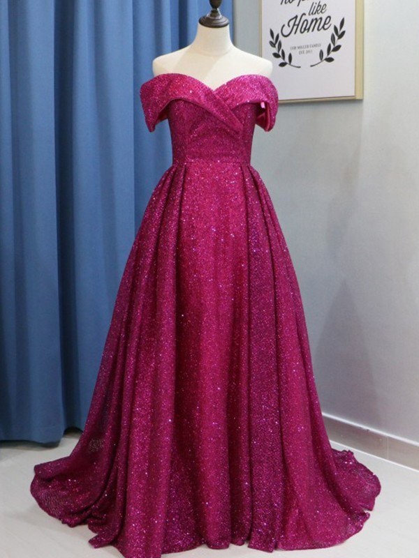 Ball Gown Sleeveless Off-the-Shoulder Sweep/Brush Train Ruffles Sequins Dresses