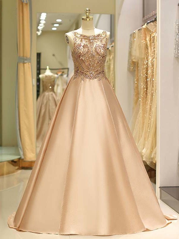 Ball Gown Sleeveless Bateau Sweep/Brush Train Beading Satin Dresses