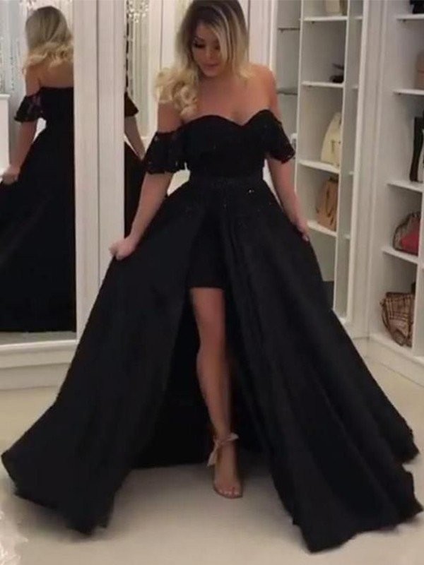 Ball Gown Sleeveless Off-the-Shoulder Sweep/Brush Train Lace Satin Dresses