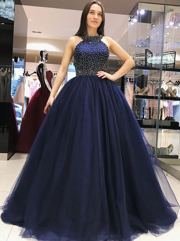 Ball Gown Sleeveless Halter Sweep/Brush Train Beading Tulle Dresses