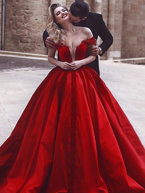 Ball Gown Sleeveless Off-the-Shoulder Sweep/Brush Train Ruffles Satin Dresses