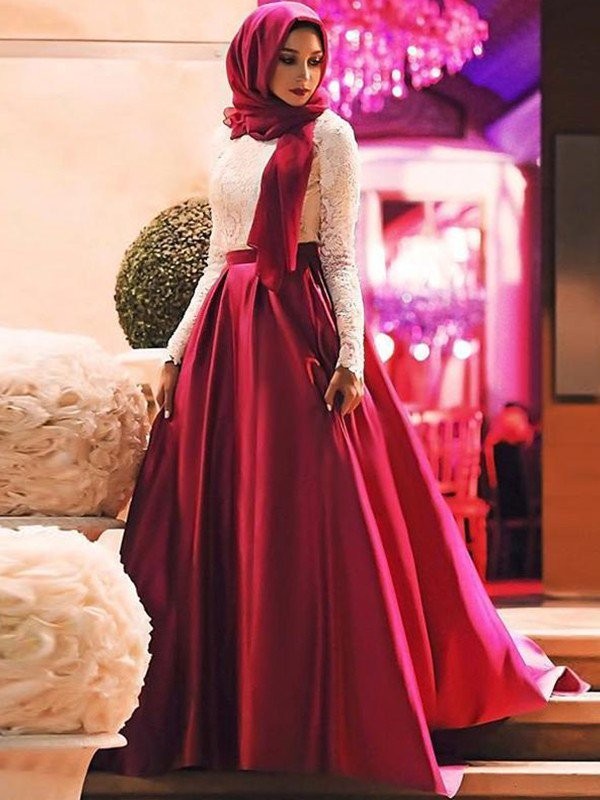 A-Line/Princess Long Sleeves Scoop Sweep/Brush Train Lace Satin Muslim Dresses