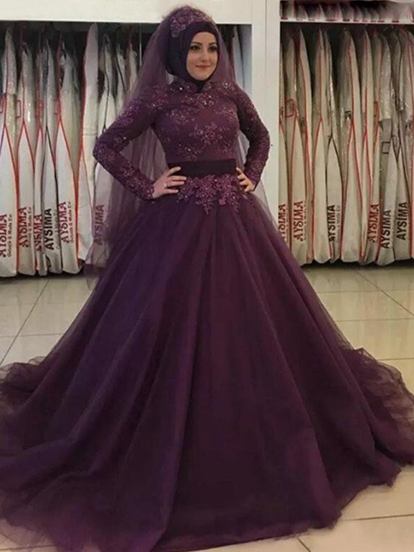 Ball Gown Long Sleeves High Neck Sweep/Brush Train Applique Tulle Muslim Dresses