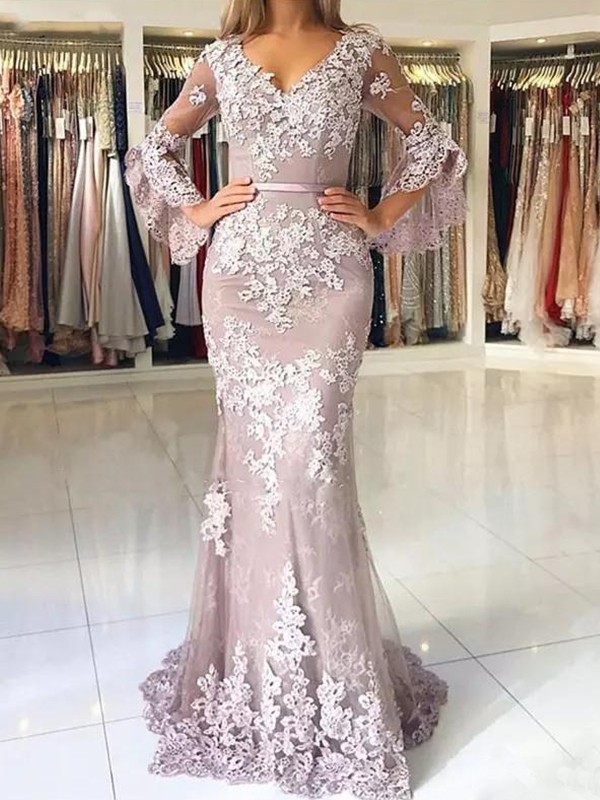 Trumpet/Mermaid 3/4 Sleeves V-neck Sweep/Brush Train Applique Tulle Dresses