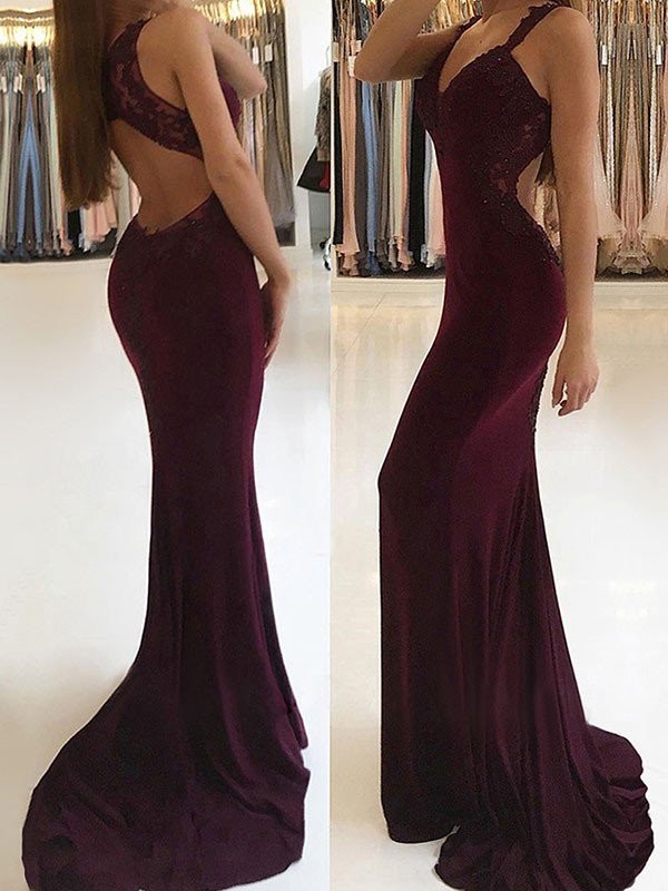 Trumpet/Mermaid Sleeveless V-neck Sweep/Brush Train Applique Spandex Dresses